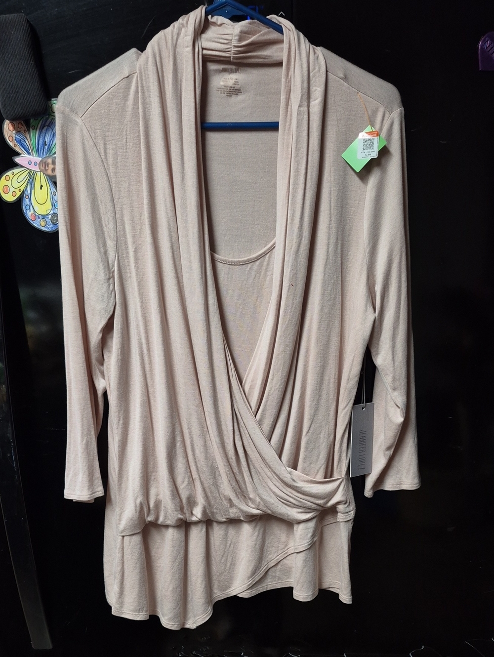 Jennifer Lopez Light Beige Draped V-Neck Long Sleeve Top